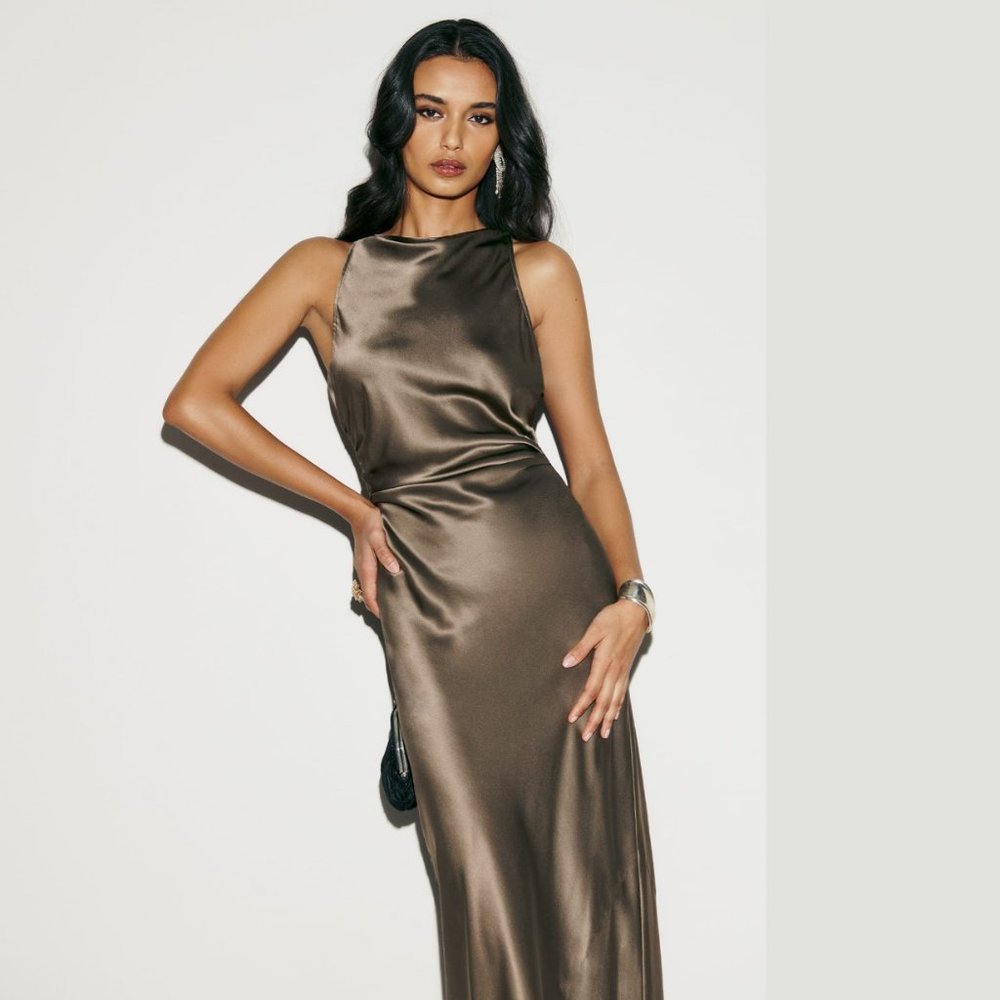Reformation Brown Satin Midi Dress